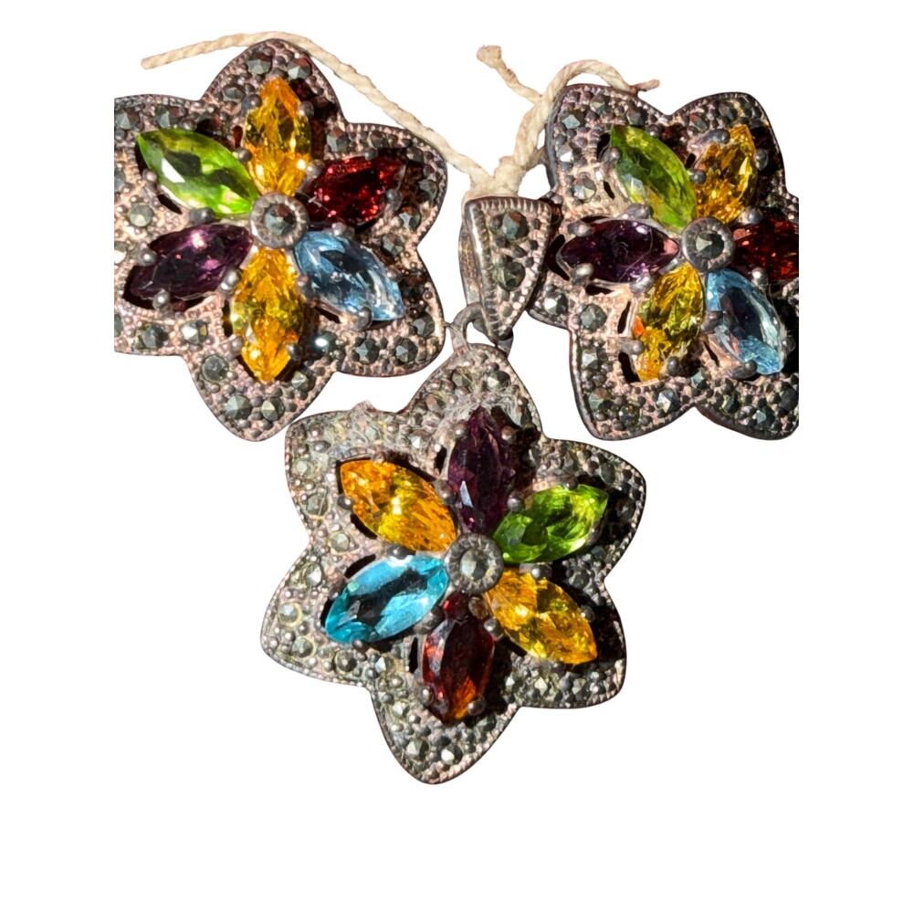 Sterling Silver 925 Floral‎ Jewelry Set Multicolor Pendant Stud Earrings